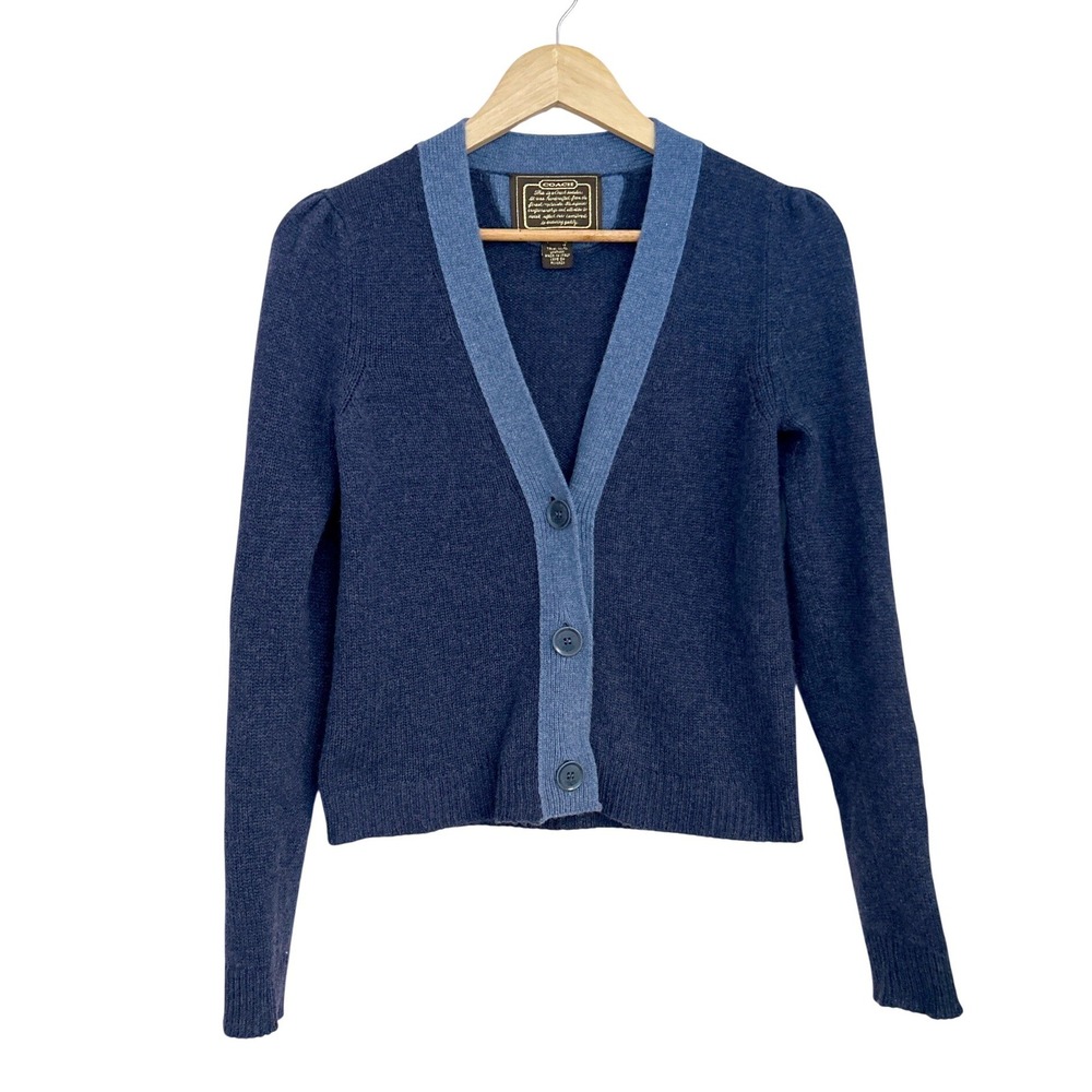 Coach Womens 100% Cashmere Cardigan Sweater Blue Leather Elbow Patches Small